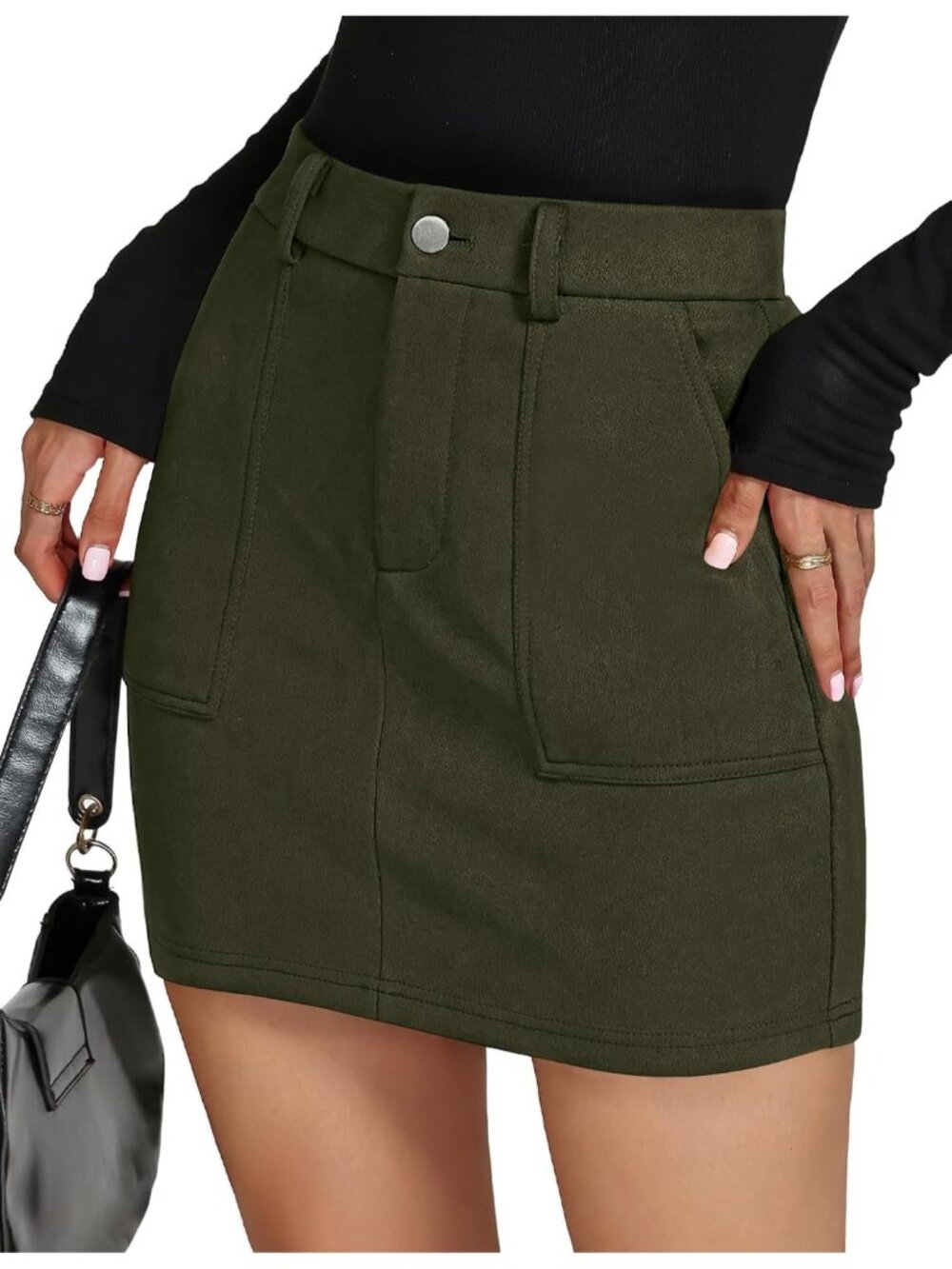 Women Green Faux Suede Button & Zipper Belt Loops Pockets Mini High Waist Skirt
